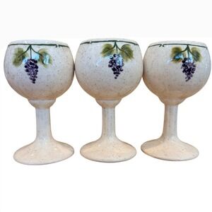 Vintage Ceramic Grape Wine Goblets Set of 3 Hand Painted Speckled Stoneware Cups